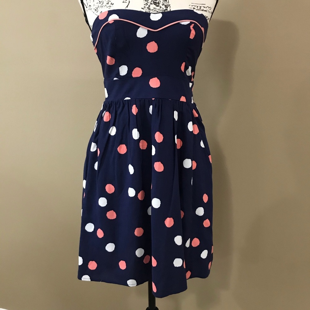 Size S- Navy & Pink Polka Dot Strapless Dress